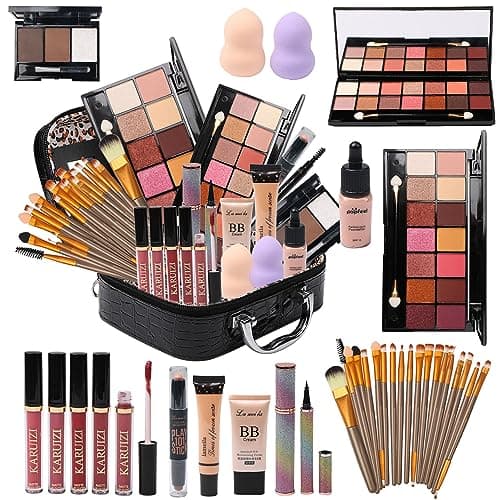 MTDXILTAI All in One Makeup Kit - 2X14 Eyeshadow Palette, Liquid Foundation, Eyeliner Pencils, Contouring Stick, Lip Gloss, 20Pcs Makeup Brushes (Black) - Image 1