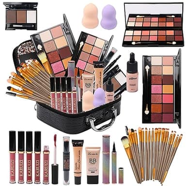 MTDXILTAI All in One Makeup Kit - 2X14 Eyeshadow Palette, Liquid Foundation, Eyeliner Pencils, Contouring Stick, Lip Gloss, 20Pcs Makeup Brushes (Black) - Image 1