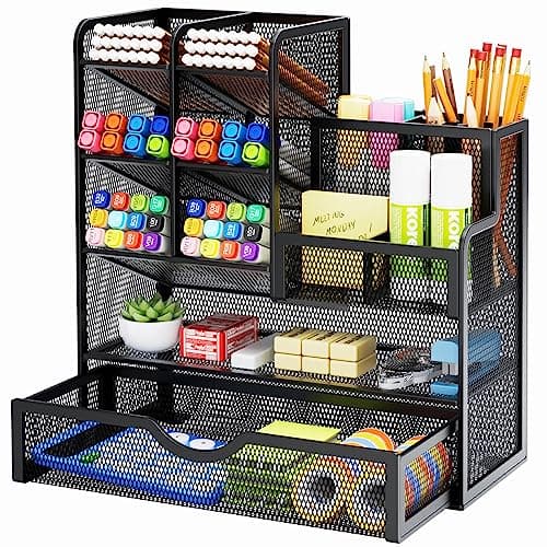 Marbrasse Mesh Pen Holder for Desk, Multi-Functional Pencil Organizer with Drawer, Desk Organizers and Accessories for Office Art Supplies (Black) - Image 1