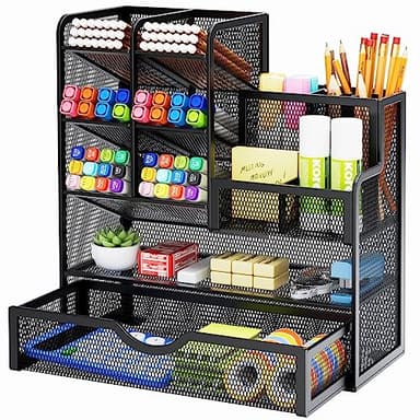 Marbrasse Mesh Pen Holder for Desk, Multi-Functional Pencil Organizer with Drawer, Desk Organizers and Accessories for Office Art Supplies (Black) - Image 1
