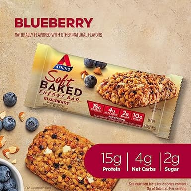 Atkins Blueberry Flavored Soft Baked Energy Bars, High in Protein Snack Bar, Low Sugar, High Fiber Snack, Protein Snack, 4 Packs (4 Bars Each) - Image 4