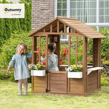 Outsunny Kids Wooden Playhouse, Outdoor Garden Games Cottage, with Working Door, Windows, Flowers Pot Holder, 47" x 38" x 54" - Image 2