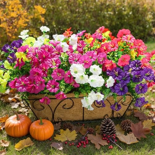 HyeFlora Artificial Flowers for Outdoors Fake Plants Outside Decoration, 12 Bundles Silk Colorful Morning Glory with Eucalyptus UV Resistant Realistic Faux Flowers for Planter Porch Patio Yard Garden - Image 1