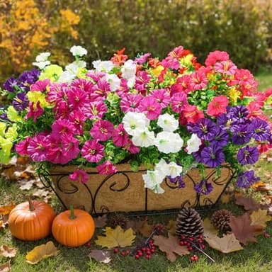 HyeFlora Artificial Flowers for Outdoors Fake Plants Outside Decoration, 12 Bundles Silk Colorful Morning Glory with Eucalyptus UV Resistant Realistic Faux Flowers for Planter Porch Patio Yard Garden - Image 1