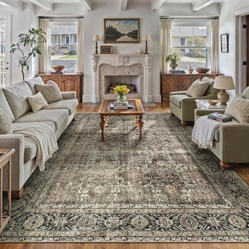 PureCozy Vintage Area Rug 10x14 Brown Washable Living Room Large Carpet Non Slip Bedroom Indoor Office Low Pile Traditional Distressed Retro Accent Rug for Dining Room - Image 1