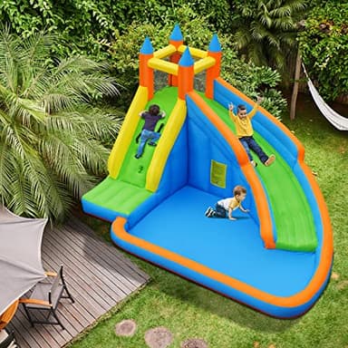 Costzon Inflatable Water Slide, Giant Bouncy Waterslide Park for Kids Backyard Outdoor Fun w/ 735w Blower, Climbing Wall, Splash Pool, 2-pcs, Blow up Water Slides Inflatables for Kids Party Gift - Image 8