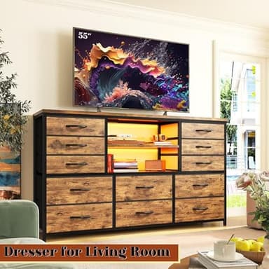 EnHomee Dresser with LED Lights & Power Outlets, 12 Drawers Dresser TV Stand for 60''TV Stand for Bedroom Fabric Dressers & Chest of Drawers, Sturdy Metal Frame, Living Room,Hallway, Rustic Brown - Image 4