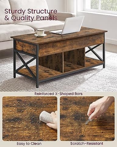 VASAGLE Lift Top Coffee Table, Lift Coffee Table with Storage Shelf, Hidden Compartments and Lifting Top, for Living Room, Office, 19.7 x 47.2 x (19.3-24.4) Inches, Rustic Brown and Black ULCT212B01 - Image 6