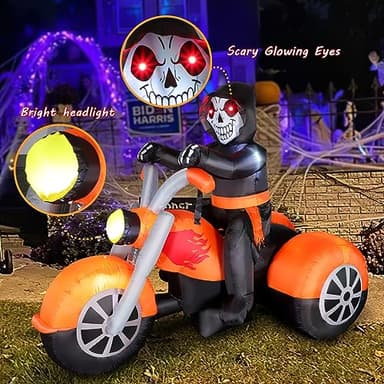 6 FT Halloween Inflatable Skeleton Ghost Riding on Motorcycle Bike, Blow Up Outdoor Decoration Clearance with Built-in LED Lights for Yard Garden Lawn Home Party Decorations - Image 2