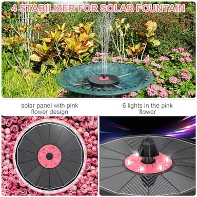 Yzert Solar Fountain Bird Bath Fountains with White Light and Pink Flower,Solar Powered Water Fountain with 7 Nozzle and 4 Fixer,Solar Fountain Pump for Bird Bath,Garden,Pond,Outdoor(Black Panel) - Image 5