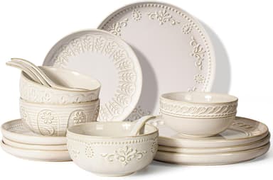 Artena Plates And Bowls Sets, 16 Pieces Dinnerware Sets, Dish Set For 4, Ceramic Kitchen Bowl And Plate Set, Embossed White Dishware Sets, Dishwasher & Microwave Safe (Multiple Patterns - Image 2