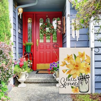 OPULANE Hello Spring Garden Flag Mason Jar Floral Buffalo Plaid Bow 12x18 Inch Double Sided Outside Small Burlap for Seasonal Yard Decoration Flag - Image 4