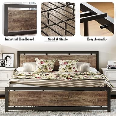 LIKIMIO King Bed Frame with Headboard and Footboard, Metal Strong Supports, Easy Assembly, Noise-Free, No Box Spring Needed, Walnut - Image 4