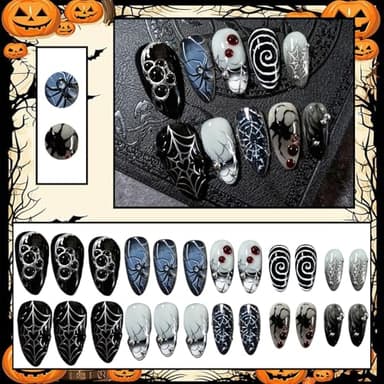 24pcs Halloween Press on Nails Medium Almond Fake Nails with 3D Spider Designs Spider Web False Nails French Tip Acrylic Nail Full Cover Glue on Nails for Women Holiday Nail Decoration - Image 6