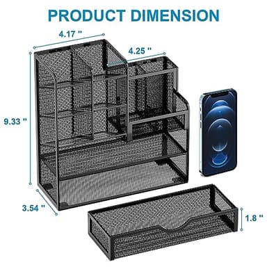 Marbrasse Mesh Pen Holder for Desk, Multi-Functional Pencil Organizer with Drawer, Desk Organizers and Accessories for Office Art Supplies (Black) - Image 3