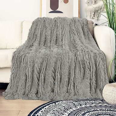 Tuddrom Decorative Extra Soft Fuzzy Faux Fur Throw Blanket 50" x 60",Solid Reversible Long Hair Shaggy Blanket,Fluffy Cozy Plush Comfy Microfiber Fleece Blankets for Couch Sofa Bedroom,Quiet Grey - Image 2