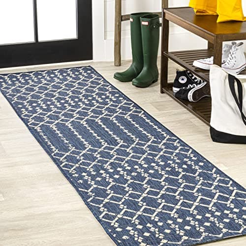 JONATHAN Y Moroccan Geometric Indoor Outdoor Runner Rug 2X8 Navy/Beige, Ourika Textured Weave for Backyard, Patio, Porch, Easy-Cleaning, High Traffic, Pet-Friendly, Non-Shedding (SMB108K-28) - Image 1