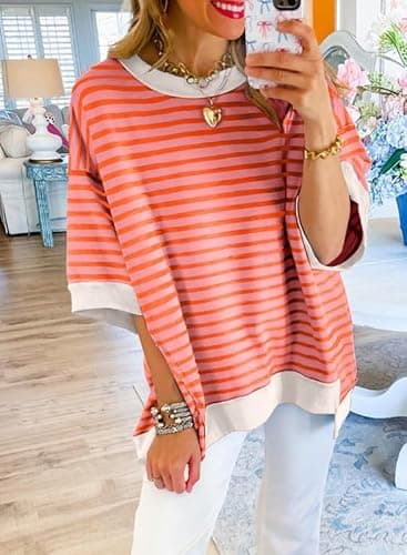 SHEWIN Womens T Shirts Crewneck Short Sleeve Summer Tops Loose Color Block Sweatshirt Knitted Top Blouses Dressy Casual Fall Tops for Women Trendy Orange Stripe S - Image 3