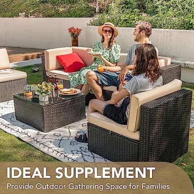 Devoko Patio Furniture Sets 6 Pieces Outdoor Sectional Rattan Sofa Manual Weaving Wicker Patio Conversation Set with Glass Table and Cushion (Beige) - Image 2