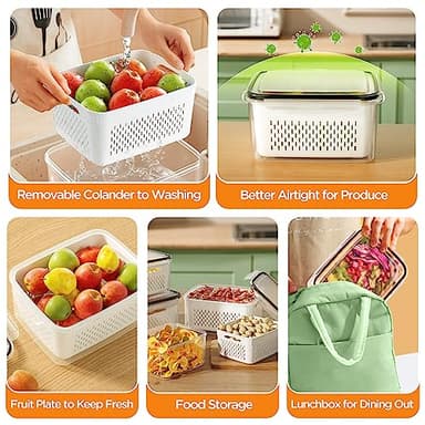 5-Pack Fruit Storage Containers for Fridge with Removable Colanders, 4 in 1 Produce Storage Containers with Lids, Leakproof Fridge Organizer Bins for Salad Berry Lettuce Vegetables Meat Keeper Fresh - Image 6