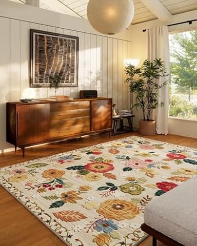 Washable Area Rugs for Living Room: 6x9 Area Rug for Bedroom Vintage Floral Large Rug Stain Resistant Non Slip Low Pile Faux Wool Soft Rugs for Entryway Dining Room Bedside Kitchen Nursery - Image 1