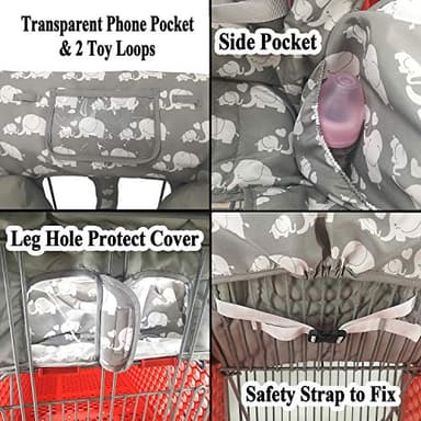 Soft Pillow Attached 2-in-1 Shopping Cart and High Chair Cover for Baby, Cotton Padded Cart Cover, Fold'n Roll Style, Portable with Carry Bag (Gray Elephant) - Image 5