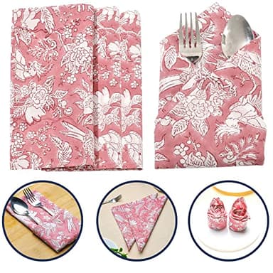 CPC Cloth Napkins 100% Cotton Set of 4 Reusable Napkins, Indian Block Print Toile Floral Dinner Napkin, Fall Thanksgiving Christmas Holiday Party Gift - Soft Absorbent Napkin, 18"x18" Pink Coral - Image 6