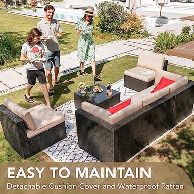 Devoko Patio Furniture Sets 6 Pieces Outdoor Sectional Rattan Sofa Manual Weaving Wicker Patio Conversation Set with Glass Table and Cushion (Beige) - Image 3