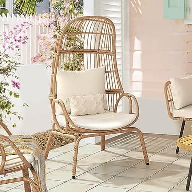 YITAHOME Outdoor Narrow Egg Chair Wicker, Patio Rattan Basket Chair with 370lbs Capacity Indoor Egg Chairs with Stand & Cushion Cocoon Chair for Bedroom, Patio, Balcony - Beige - Image 5