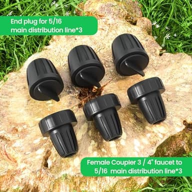 Bonviee Drip Irrigation Parts for 5/16" Main Line - (6-Pack) - 3 x PVC Female Hose Thread Non-Swivel Adapter and 3 x Barbed Threaded End Plugs - Drip Irrigation Fittings - Image 5