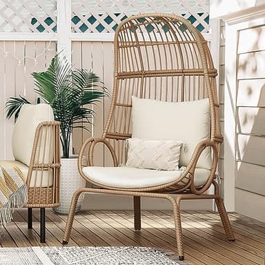 YITAHOME Outdoor Narrow Egg Chair Wicker, Patio Rattan Basket Chair with 370lbs Capacity Indoor Egg Chairs with Stand & Cushion Cocoon Chair for Bedroom, Patio, Balcony - Beige - Image 7