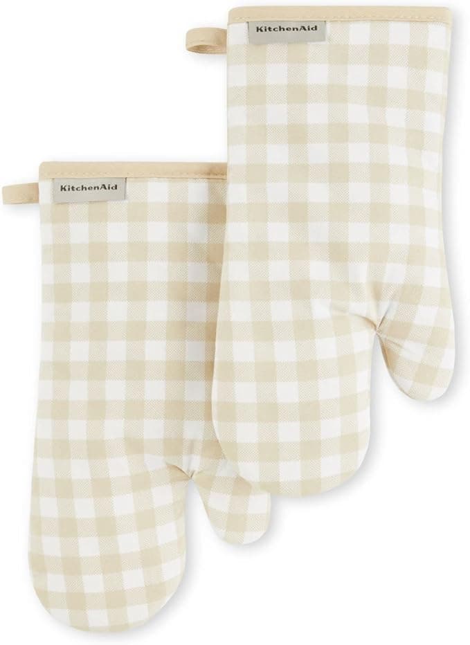 KitchenAid Gingham Oven Mitt 2-Pack Set, Milkshake, 7"x13" - Image 1
