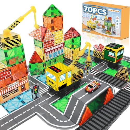 LionFuny 70Pcs Magnetic Tiles Magnetic Building Blocks, Building Toys for Kids Ages 3-5 4-8 8-12 Toddlers STEM Preschool Toy Boys Toys, City Construction Toys Set with 2 Cranes Train Tracks Road Car - Image 1