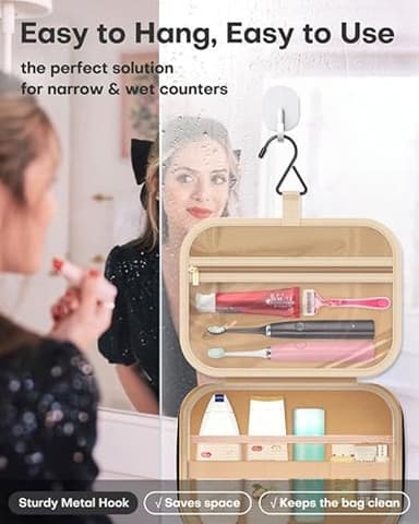 HOTOR Travel Toiletry Bag for Women & Men, Waterproof Makeup Bag with Hanging Hook and Multiple Pockets, Cosmetic Bags for Women, Travel Essentials, 11.2'' x 3.2'' x 8.9'', Black - Image 3