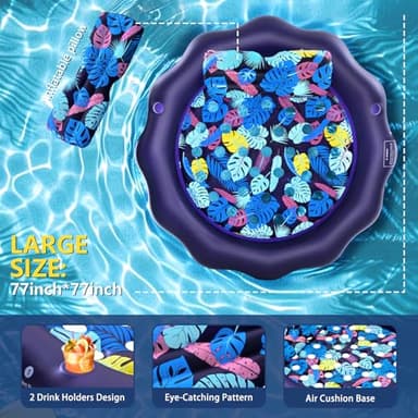 SUIMOT Inflatable Pool Floats Adult Size - 77" X-Large Heavy Duty Tanning Floating Mat Cooling Holes Lounger with Pillow, Pool Floaties Bed with Cup Holders for Backyard Swimming Pool Party, Purple - Image 2