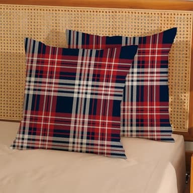 4th of July Plaid Pillow Covers 18x18 Set of 2 Patriotic Blue Red Buffalo Checkered Decorative Throw Pillows Memorial Independence Day Pillowcase Outdoor Farmhouse Cushion Case for Couch Decor - Image 2