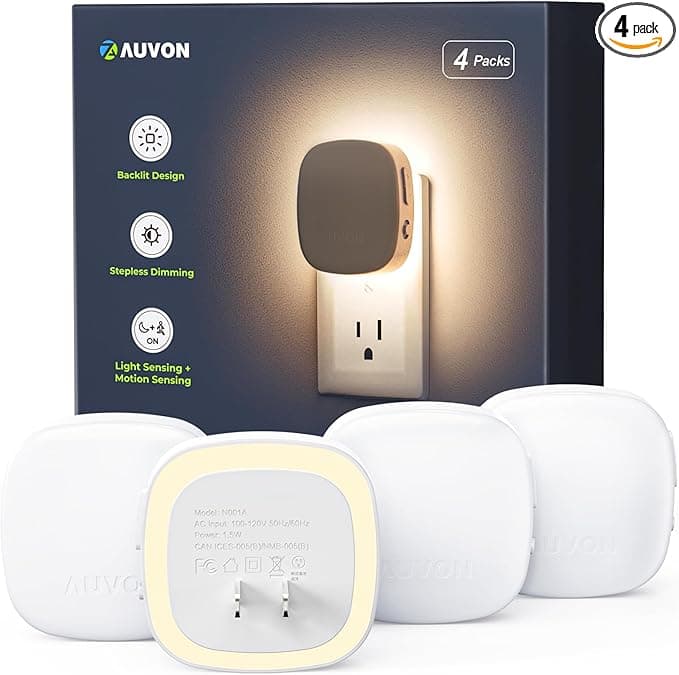 AUVON Plug-in LED Backlit Night Light with Motion Sensor & Dusk to Dawn Sensor, Dimmable Warm White Nightlight with 1-50 lm Adjustable Brightness for Bedroom, Bathroom, Stairs, Hallway (4 Pack - Image 1