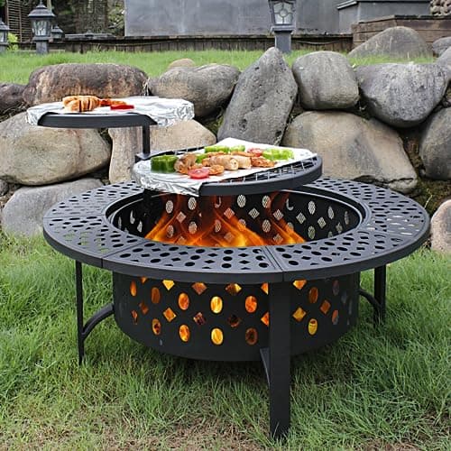 OutVue 36 Inch Fire Pit with 2 Grills, Wood Burning Fire Pits for Outside with Lid, Poker and Round Waterproof Cover, BBQ& Outdoor Firepit & Round Metal Table 3 in 1 for Patio, Picnic, Party - Image 1