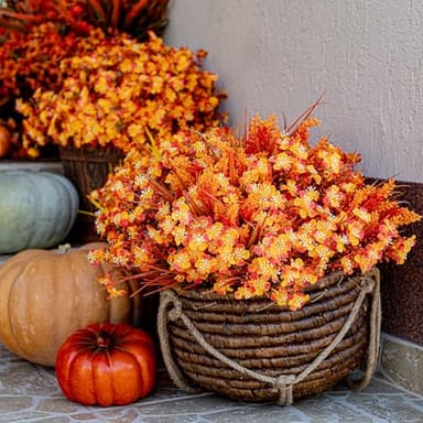 AXYLEX Artificial Fall Flowers Outdoor Fake Mums - 16 Bundles Fake Plants UV Resistant No Fade Faux Plastic Greenery Garden Porch Patio Fall Home Decor (1, OrangeGreen) - Image 9