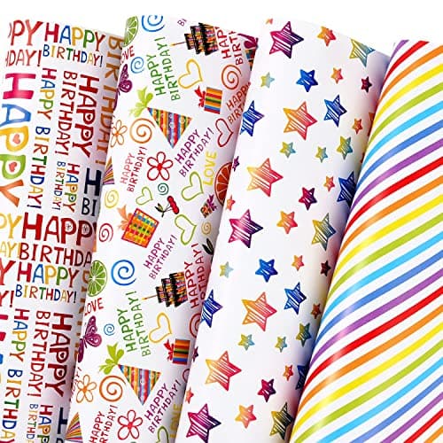 PlandRichW Birthday Wrapping Paper 12 Sheets Folded Flat for Kids, Boys, Girls, Adults.Includes Happy Birthday, Star, Rainbow, Cake 4 Colorful Designs for Baby Shower, Holiday, Party 20 X 29 Inch - Image 1