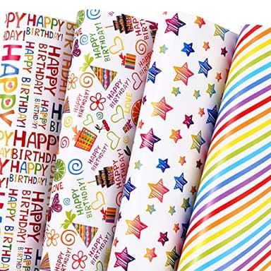 PlandRichW Birthday Wrapping Paper 12 Sheets Folded Flat for Kids, Boys, Girls, Adults.Includes Happy Birthday, Star, Rainbow, Cake 4 Colorful Designs for Baby Shower, Holiday, Party 20 X 29 Inch - Image 1