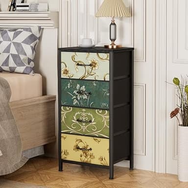 Furnulem 4 Drawer Dresser, Vertical Nightstand for Kids, Adult, Fabric Chest of Drawers for Bedroom, Living Room, Closet, Nusery, Storage Tower Unit Retro Style Furniture, Wood Desk Top - Image 4