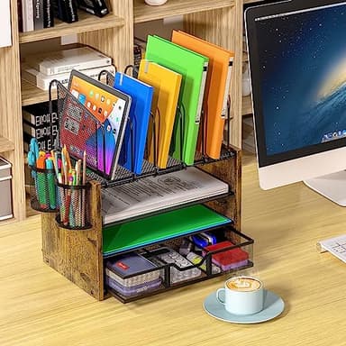 4-Tier Mesh Desk Organizer, Wooden Desk File Organizer with 5 Vertical File Holders and 2 Pen Holders, Desktop Organizers and Accessories with Drawer for Home Office - Image 3