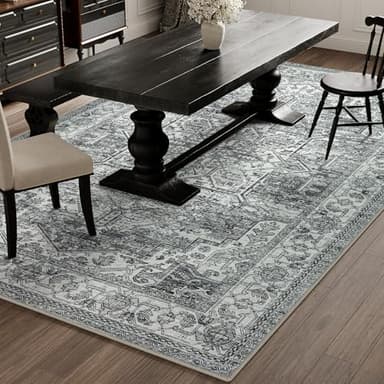 HUGEAR 5x7 Area Rug - Vintage Machine Washable Grey Chenille Print Rug - Lightweight Low Pile Carpet Throw for Living Room, Bedroom, Office, Dining Room, Kitchen, Laundry - Non Slip - Image 5