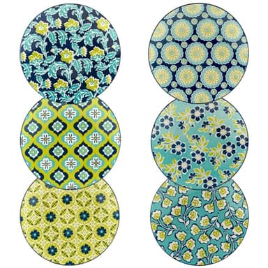 Tapestry 8.5" Porcelain Salad/Dessert Plates, Set of 6 – Vibrant Assorted Floral Patterns in Aqua, Navy & Lime – Everyday Dining or Entertaining Plate Set for Salads, Sides, Snacks & More - Image 2