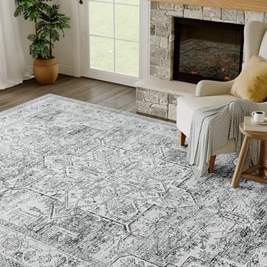 HUGEAR 5x7 Area Rug - Vintage Machine Washable Grey Chenille Print Rug - Lightweight Low Pile Carpet Throw for Living Room, Bedroom, Office, Dining Room, Kitchen, Laundry - Non Slip - Image 4