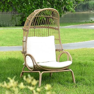 YITAHOME Outdoor Narrow Egg Chair Wicker, Patio Rattan Basket Chair with 370lbs Capacity Indoor Egg Chairs with Stand & Cushion Cocoon Chair for Bedroom, Patio, Balcony - Beige - Image 6