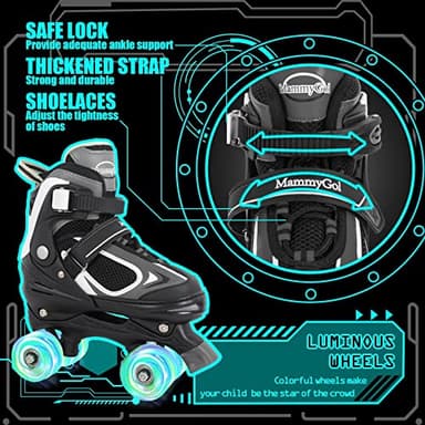 MammyGol Roller Skates for Boys Girls, 4 Sizes Adjustable Quad Skates for Kids with All Light up Wheels, Full Protection for Toddler's Indoor and Outdoor Play Black Size 1 2 3 - Image 3
