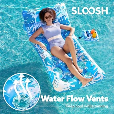 SLOOSH Adjustable Backrest Pool Floats - Tropical Leaves Pool Lounger Floaties Adults with Cup Holders, Inflatable Tanning Float Rafts Chair Beach Lake Lounge Floating Above Water Keep Cool (Blue) - Image 3