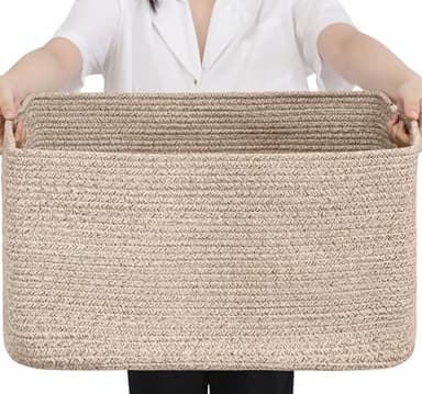 Optish 75L Blanket Basket, Large Woven Baskets for Storage, Blanket Storage for Living Room, Rope Basket with Handles for Bedroom, Nursery, Toys, Clothes, 22” x 17” x 11.5”, Brown - Image 2